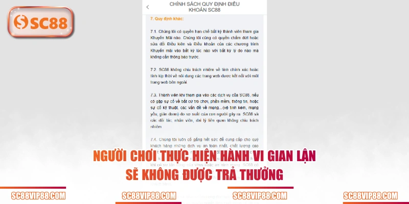 Người chơi thực hiện hành vi gian lận sẽ không được trả thưởng